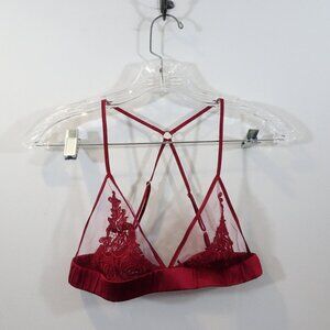 Fleur of England Strappy Floral Lace Bra M Maroon Red Sheer Unlined Wireless